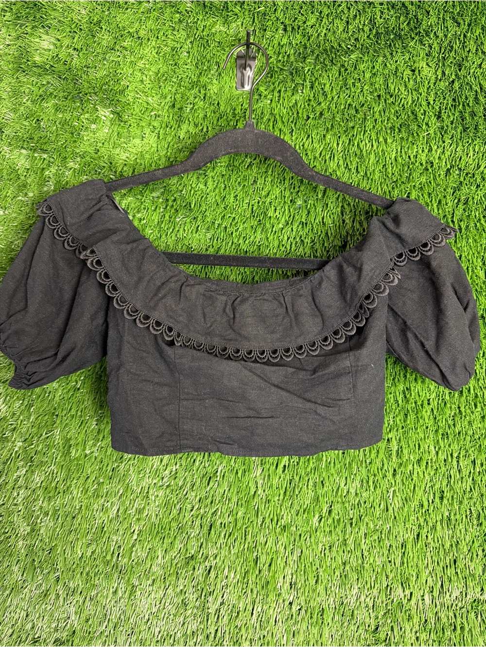 Express Black Off-Shoulder Ruffle Crop Top